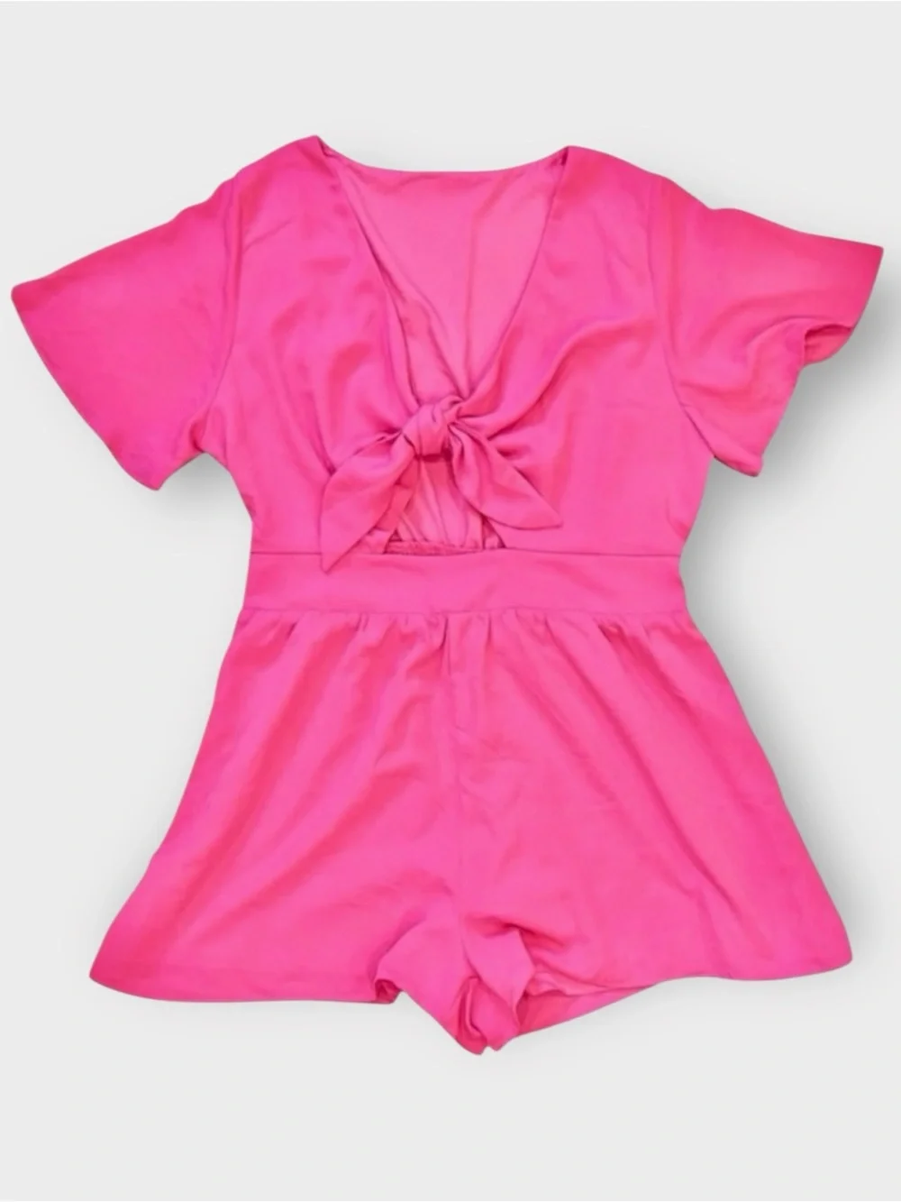Hot Pink Tie Front Romper XL XXL Flutter Sleeve Cutout Vacation Barbiecore